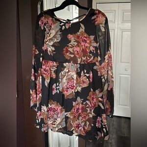 UO Staring At Stars Black Floral Long Sleeve Mini Dress